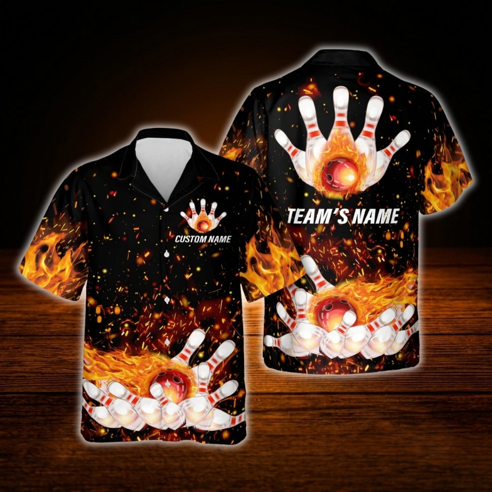 Custom Flaming Ball Bowling Hawaiian Shirt For Men, Custom Flame Bowling Shirt For Team
