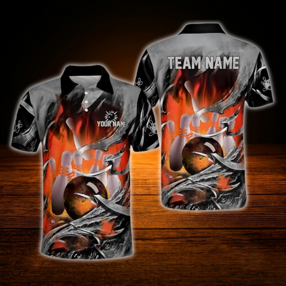 Custom Flame Blue Grey Grunge Bowling Polo Shirt For Men, Custom Flame Bowling Team Shirt