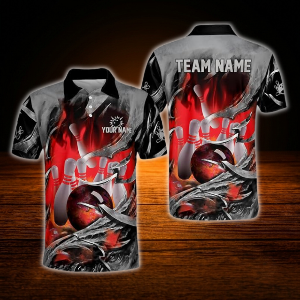 Custom Flame Blue Grey Grunge Bowling Polo Shirt For Men, Custom Flame Bowling Team Shirt