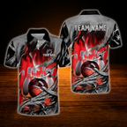Custom Flame Blue Grey Grunge Bowling Polo Shirt For Men, Custom Flame Bowling Team Shirt