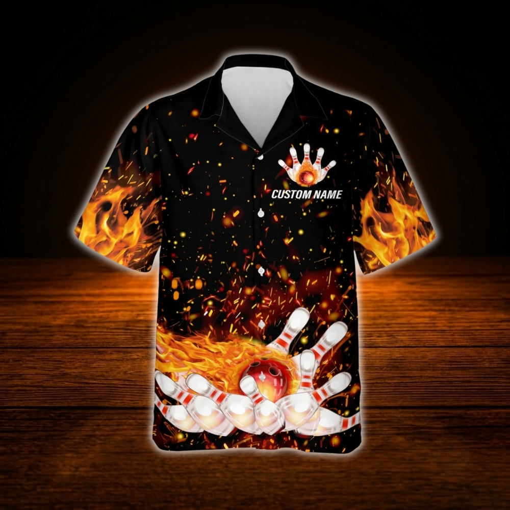 Custom Flaming Ball Bowling Hawaiian Shirt For Men, Custom Flame Bowling Shirt For Team