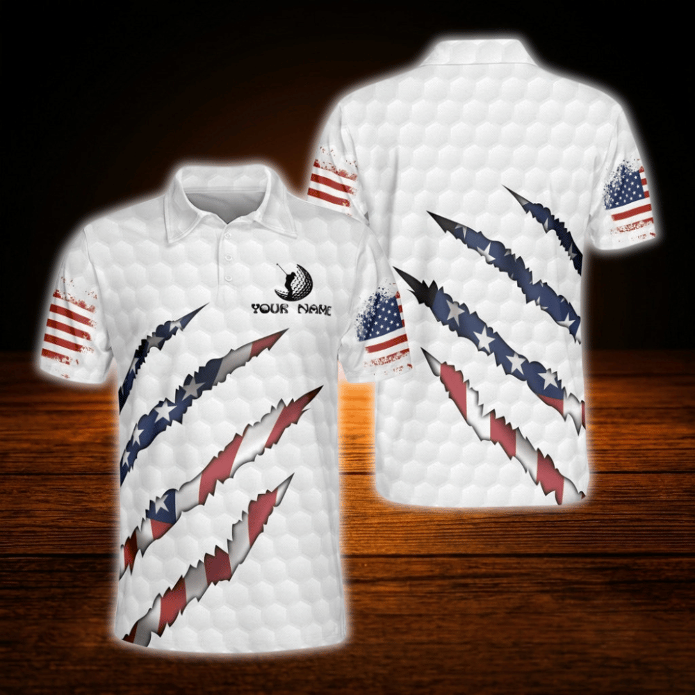 Personalized America Flag Polo Golf Shirt For Men, Custom Patriotic Golf Shirt