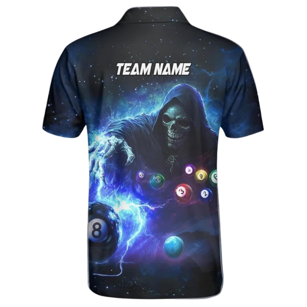 Custom Skull Men's Black And Blue Billiard Jersey Shirt, Custom Skull Billiard Team Shirts BIZ0054
