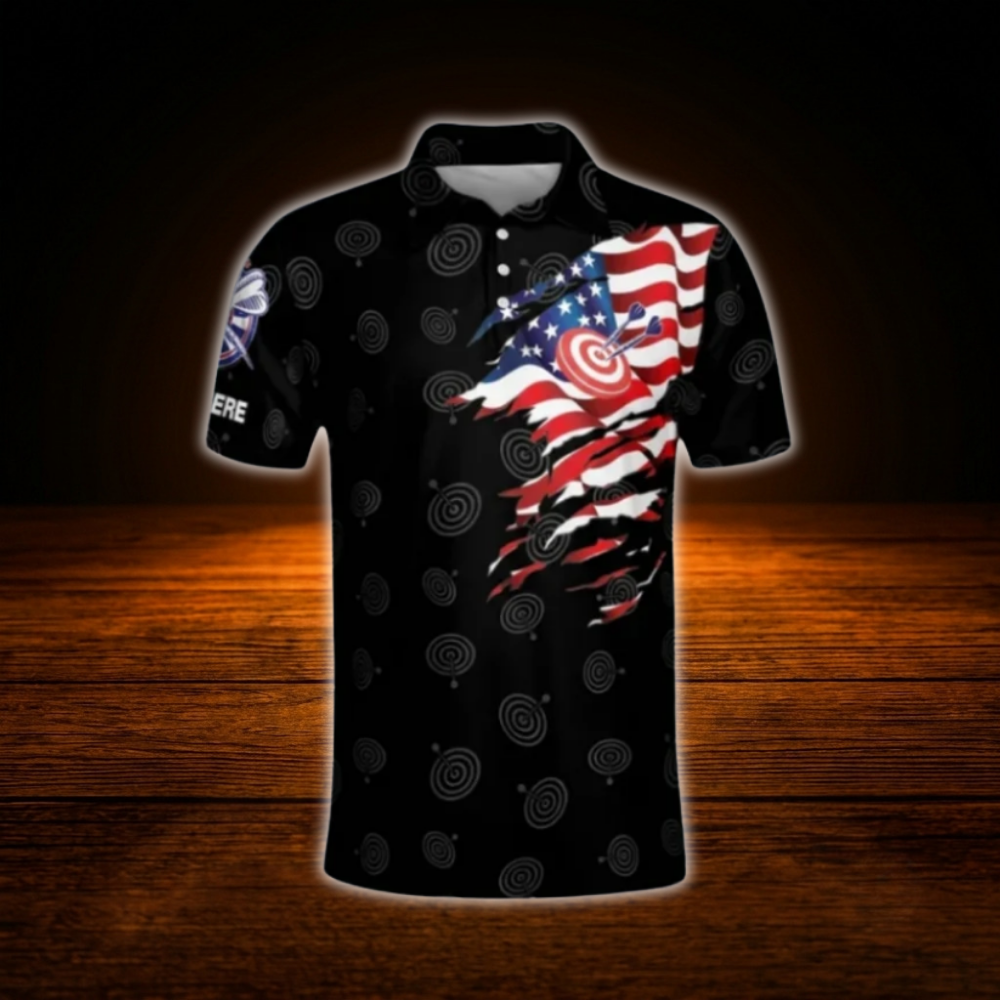 Custom USA Flag Darts Polo Shirt For Men Black, Custom Patriotic Darts Shirt Team
