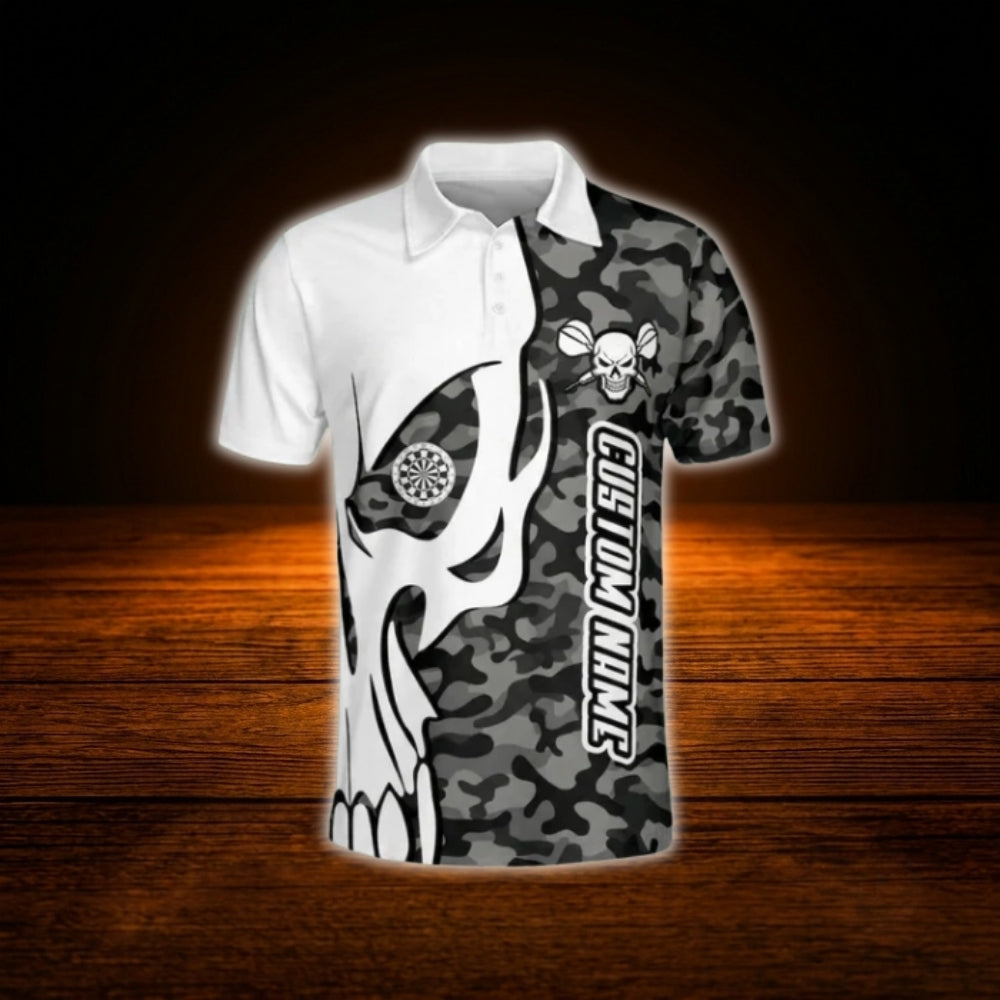 Custom Skull Camo Darts Polo Shirt Black White, Men's Custom Skull Dart Team Shirt