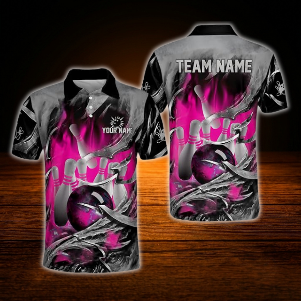 Custom Flame Blue Grey Grunge Bowling Polo Shirt For Men, Custom Flame Bowling Team Shirt