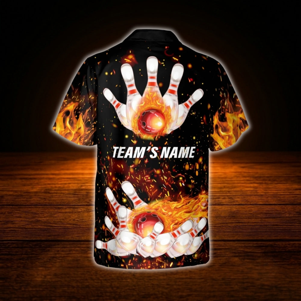 Custom Flaming Ball Bowling Hawaiian Shirt For Men, Custom Flame Bowling Shirt For Team