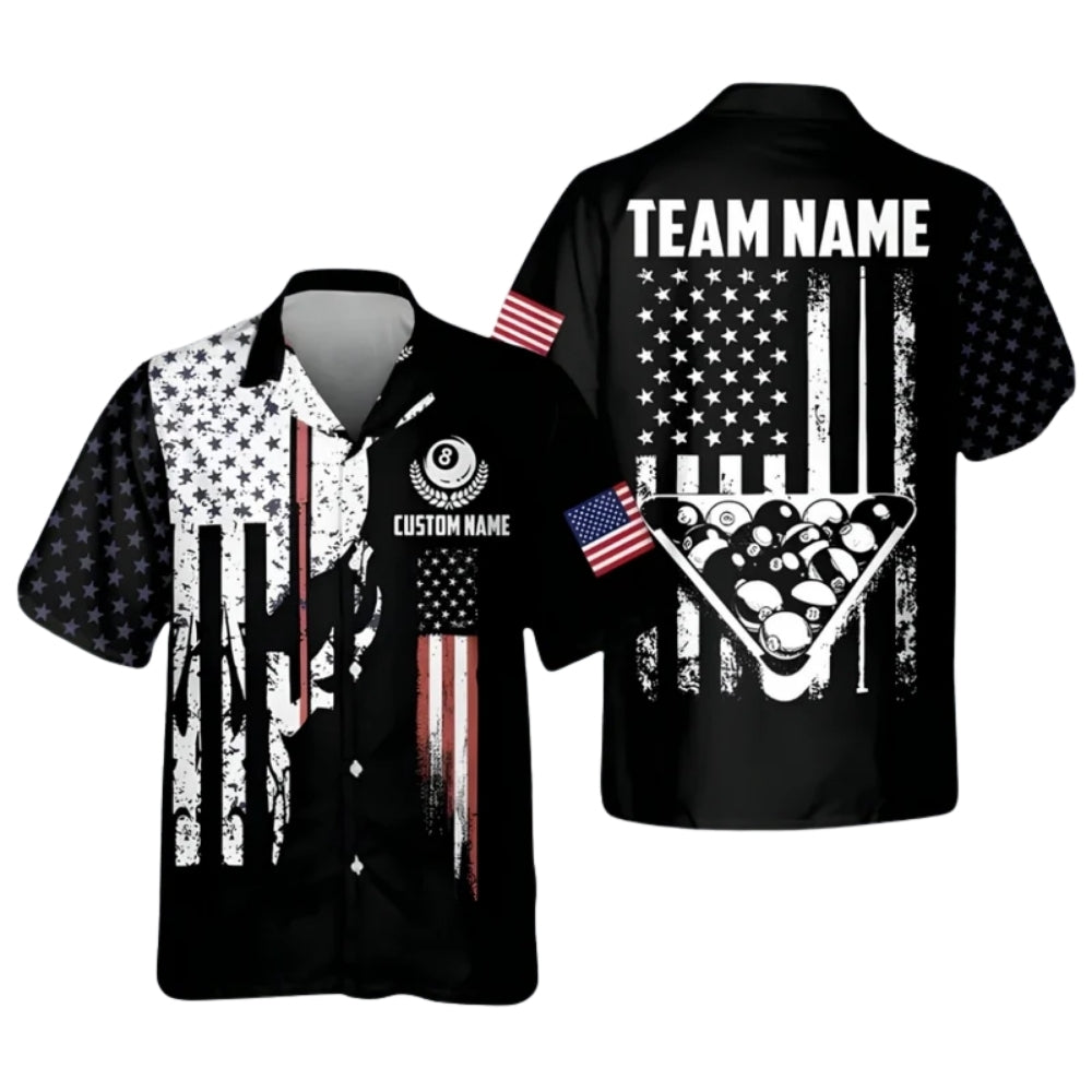 Custom Skull American Flag Billiard Hawaiian Shirt Mens, Custom Skull Patriotic Billiard Team Shirts BIE0013