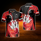 Custom Fire Ball Red Black Bowling Polo Shirt Men, Custom Flame Bowling Team Shirt