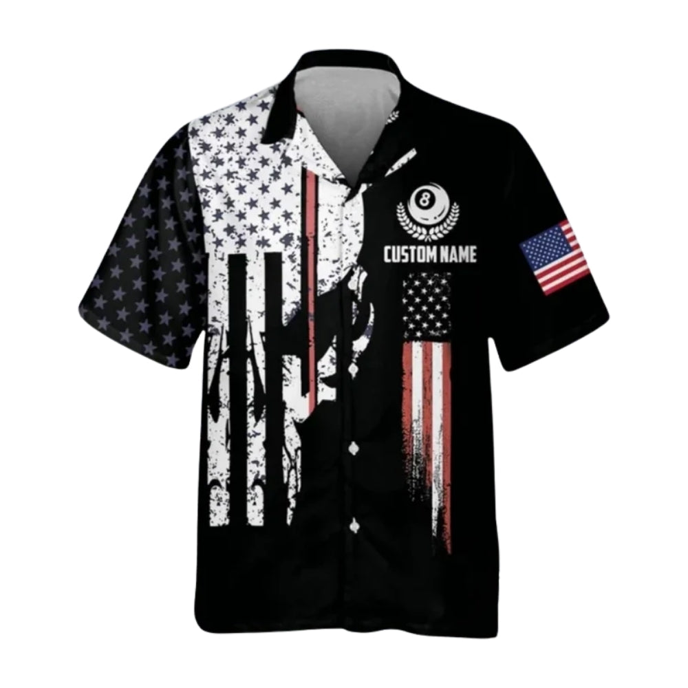 Custom Skull American Flag Billiard Hawaiian Shirt Mens, Custom Skull Patriotic Billiard Team Shirts BIE0013