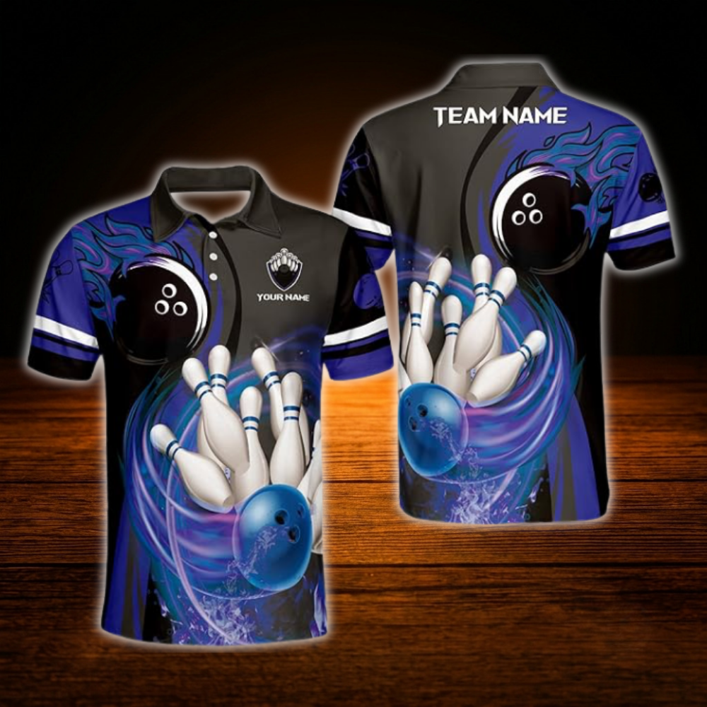 Custom Fire Ball Red Black Bowling Polo Shirt Men, Custom Flame Bowling Team Shirt