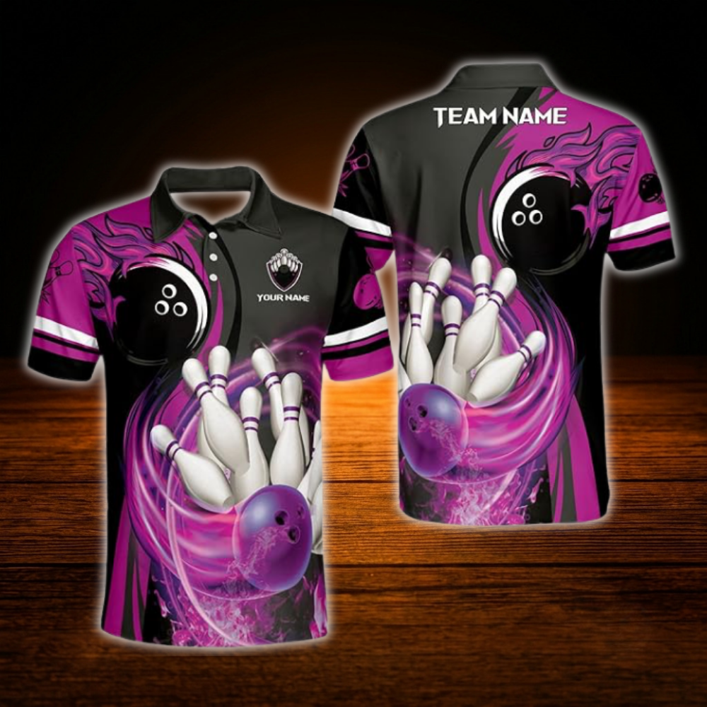 Custom Fire Ball Red Black Bowling Polo Shirt Men, Custom Flame Bowling Team Shirt