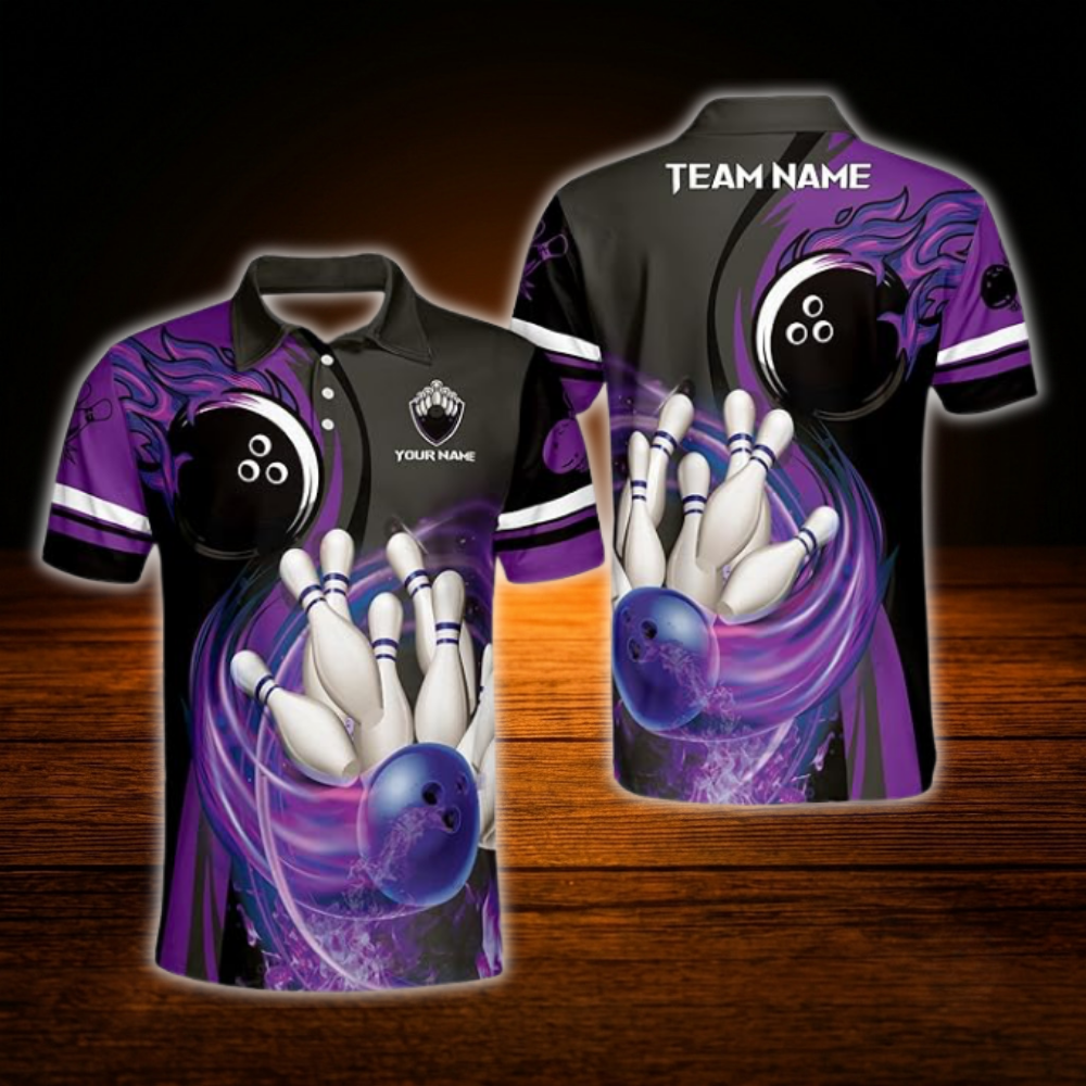 Custom Fire Ball Red Black Bowling Polo Shirt Men, Custom Flame Bowling Team Shirt