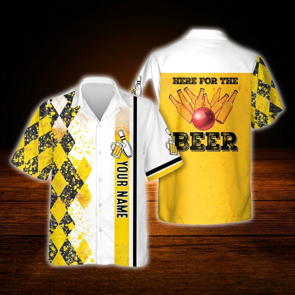 Here For The Beer Custom Bowling Men Hawaiian Shirt, Custom Beer Lover Bowling Shirt