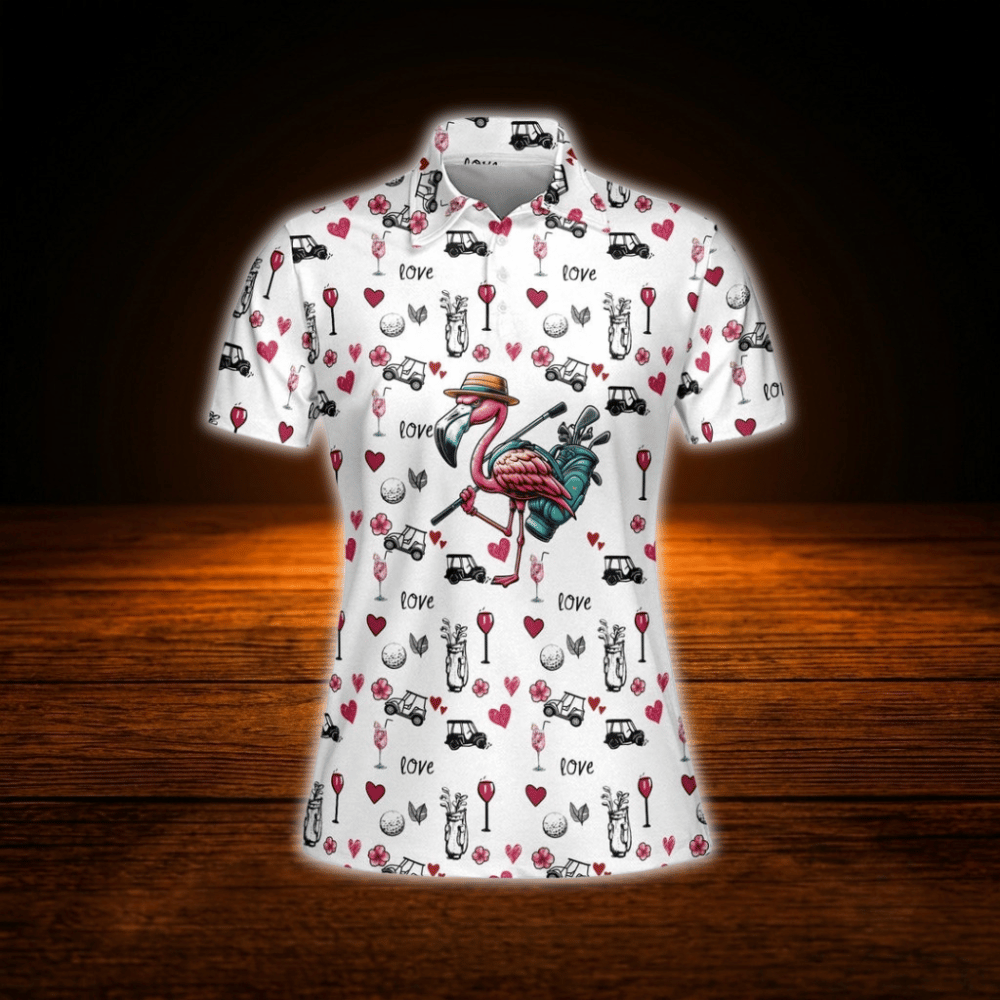 Flamingo Flower Wine Heart Golf Polo Shirts For Woman, Flamingo Golf Shirts For Ladies