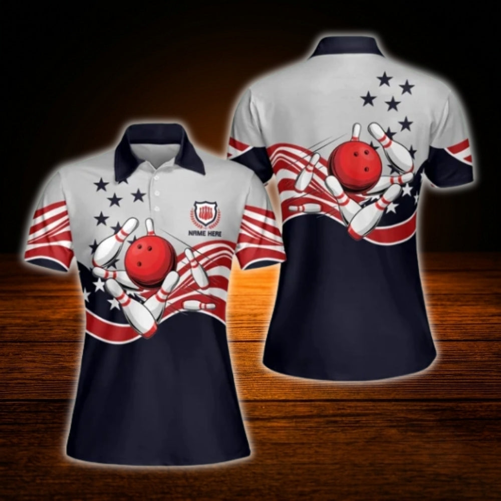 Custom USA Flag Women's Grey Navy Bowling Polo Shirt, Custom Patriotic Bowling Shirt Women