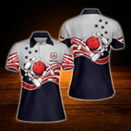 Custom USA Flag Women's Grey Navy Bowling Polo Shirt, Custom Patriotic Bowling Shirt Women