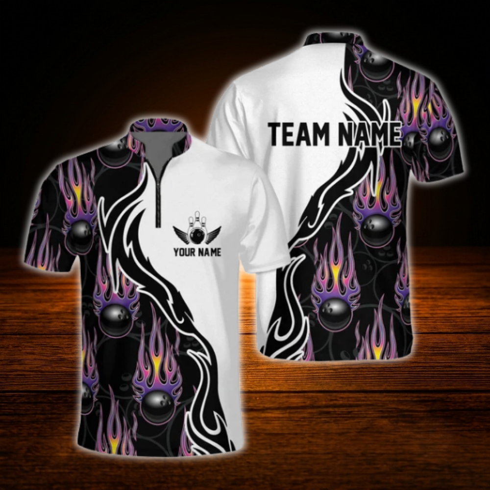 Flaming Ball Custom Mens Bowling Jersey, Custom Flame Bowling Shirt For Team