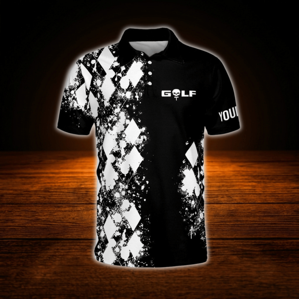 Custom I Like Big Putts And I Cannot Lie Black Argyle Polo Golf Shirts For Men, Custom Funny Golf Saying Shirts