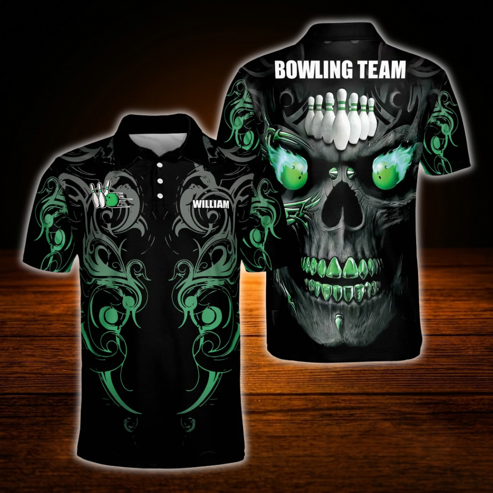 Custom Skull Black Green Bowling Polo Shirts For Men, Custom Skull Bowling Team Shirts