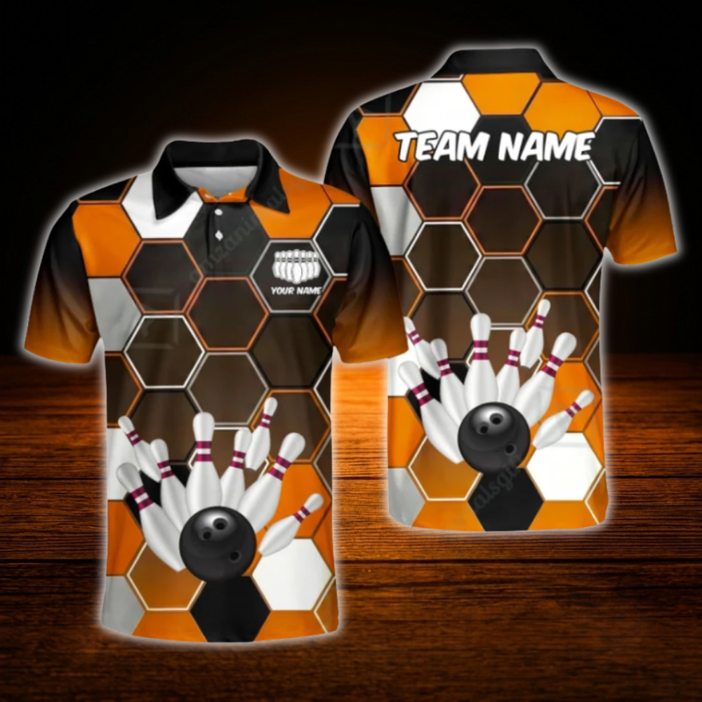 Custom Team Orange Black Hexagon Bowling Polo Shirts For Men, Custom Team Bowling Shirts