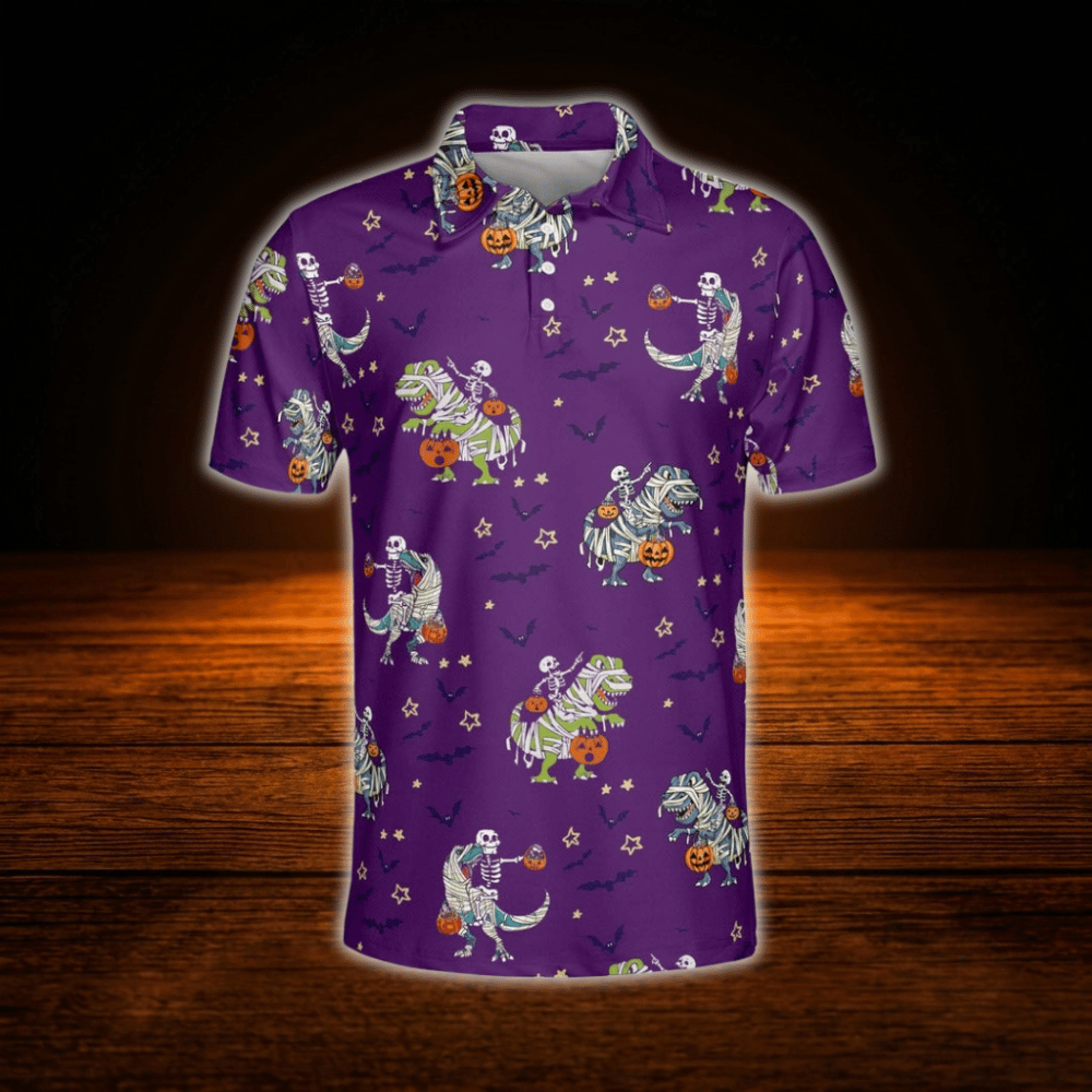 Skull Dinosaur Halloween Men's Purple Golf Polo Shirt, Halloween Golf Shirt
