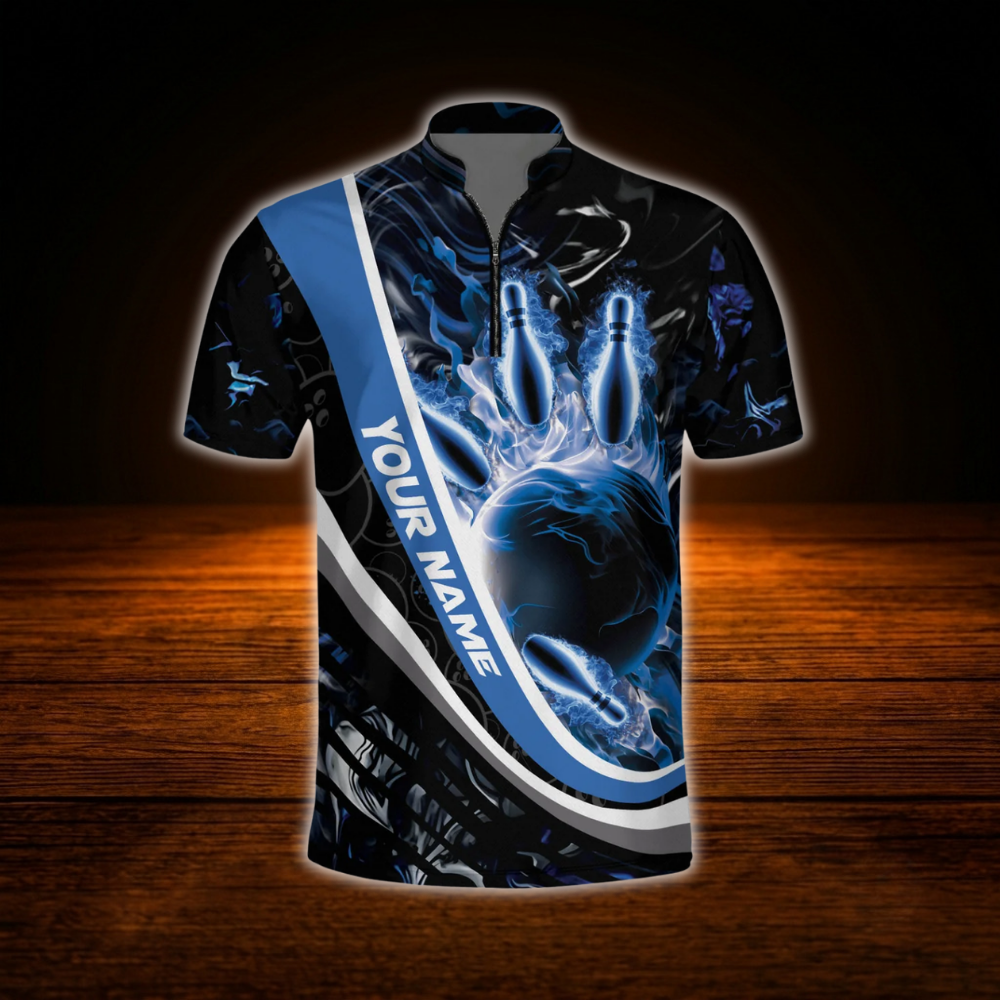 Custom Blue Flame Bowling Jersey For Men, Custom Flame Bowling Team Shirt
