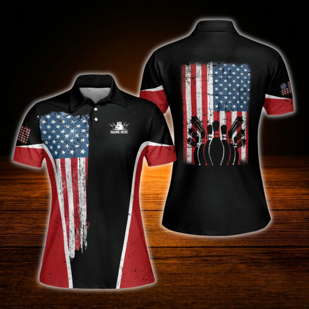 Custom American Flag  Bowling Women Polo Shirts, Custom Patriotic Women Bowling Shirts