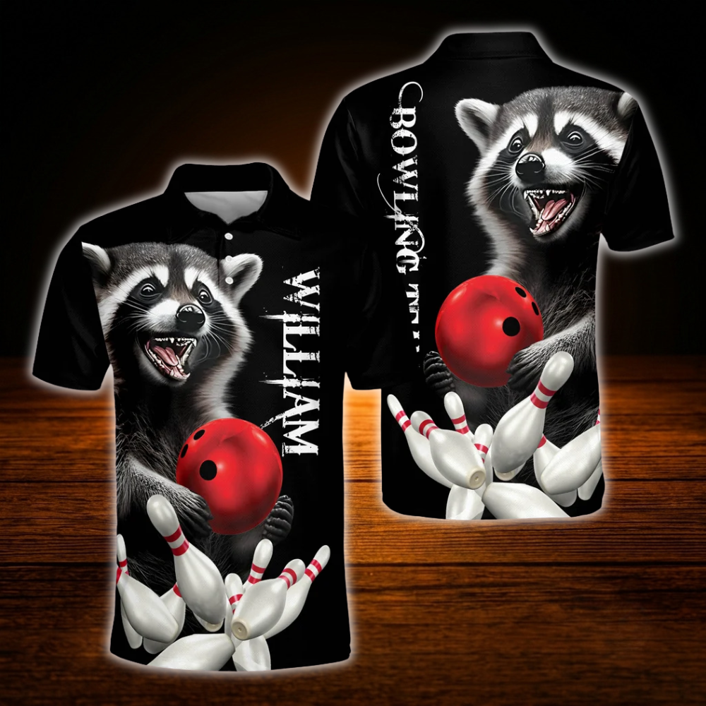 Custom Raccoon Black Bowling Polo Shirts For Men, Custom Raccoon Bowling Team Shirts