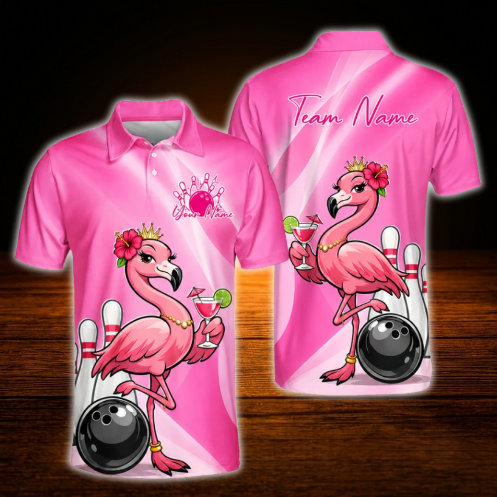Custom Flamingo Pink Mens Bowling Polo Shirts, Custom Flamingo Bowling Shirts Team