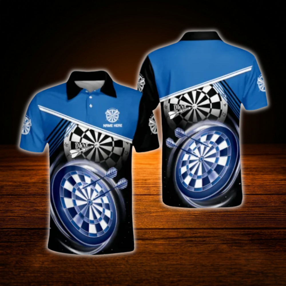 Custom Name Blue Black Darts Polo Shirt For Men, Custom Darts Shirt