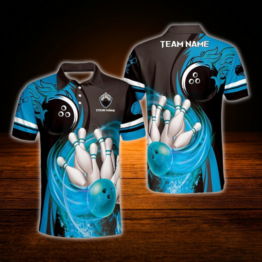 Custom Fire Ball Red Black Bowling Polo Shirt Men, Custom Flame Bowling Team Shirt