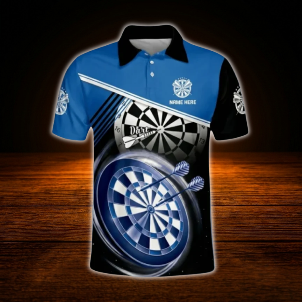 Custom Name Blue Black Darts Polo Shirt For Men, Custom Darts Shirt