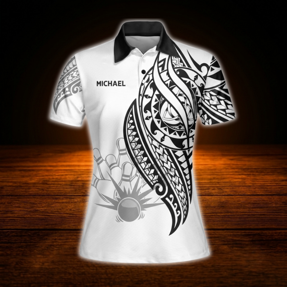 Custom Tribal Black And White Bowling Polo Shirt Ladies, Custom Tribal Bowling Team Shirt For Women