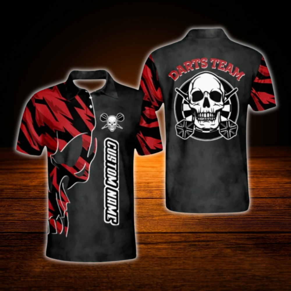Men's Custom Skull Darts Polo Shirt Red And Black, Custom Skull Darts Team Shirt