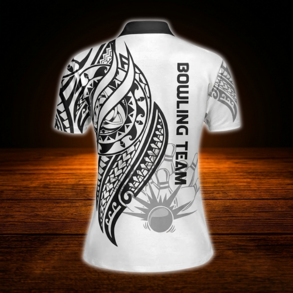 Custom Tribal Black And White Bowling Polo Shirt Ladies, Custom Tribal Bowling Team Shirt For Women