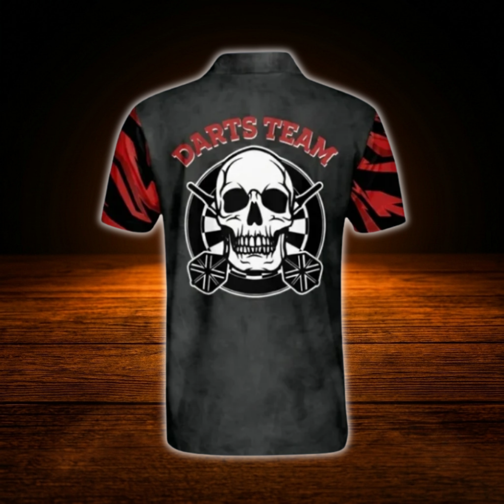 Men's Custom Skull Darts Polo Shirt Red And Black, Custom Skull Darts Team Shirt
