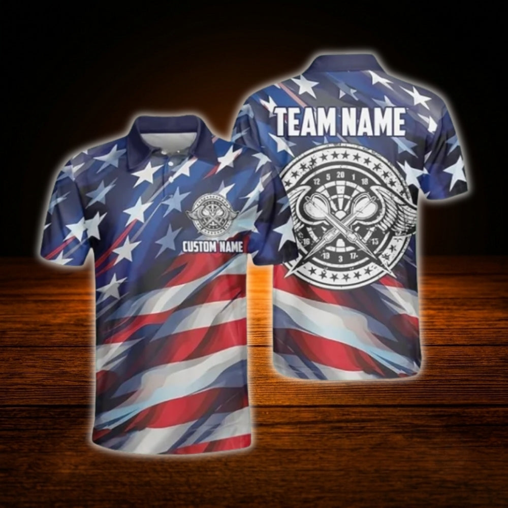 Custom American Flag Neon Darts Polo Shirt For Men, Custom Patriotic Dart Shirt For Team