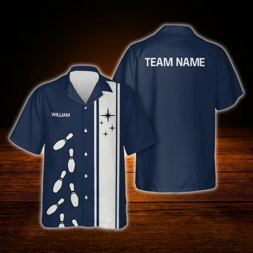 Custom Team White Navy Bowling Hawaiian Shirt, Custom Bowling Team Shirt