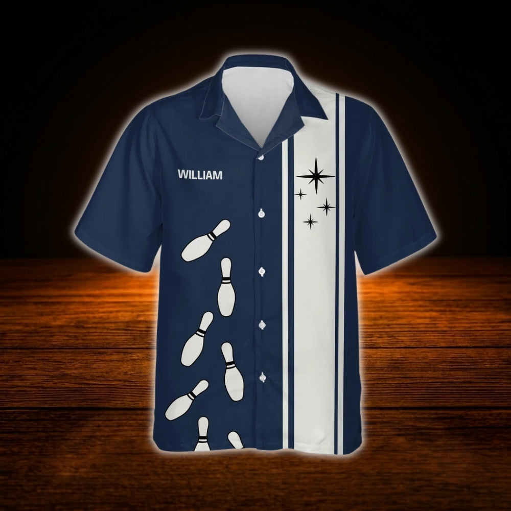Custom Team White Navy Bowling Hawaiian Shirt, Custom Bowling Team Shirt