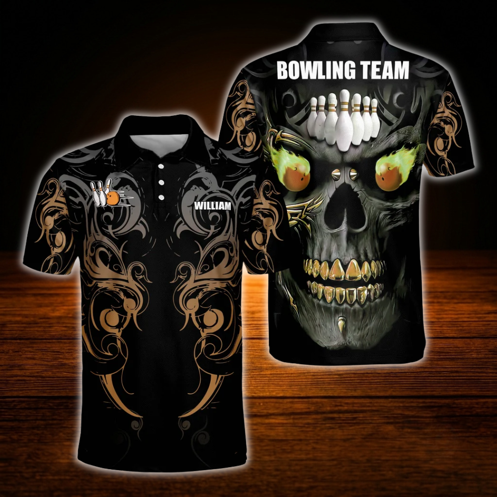 Custom Skull Black Green Bowling Polo Shirts For Men, Custom Skull Bowling Team Shirts