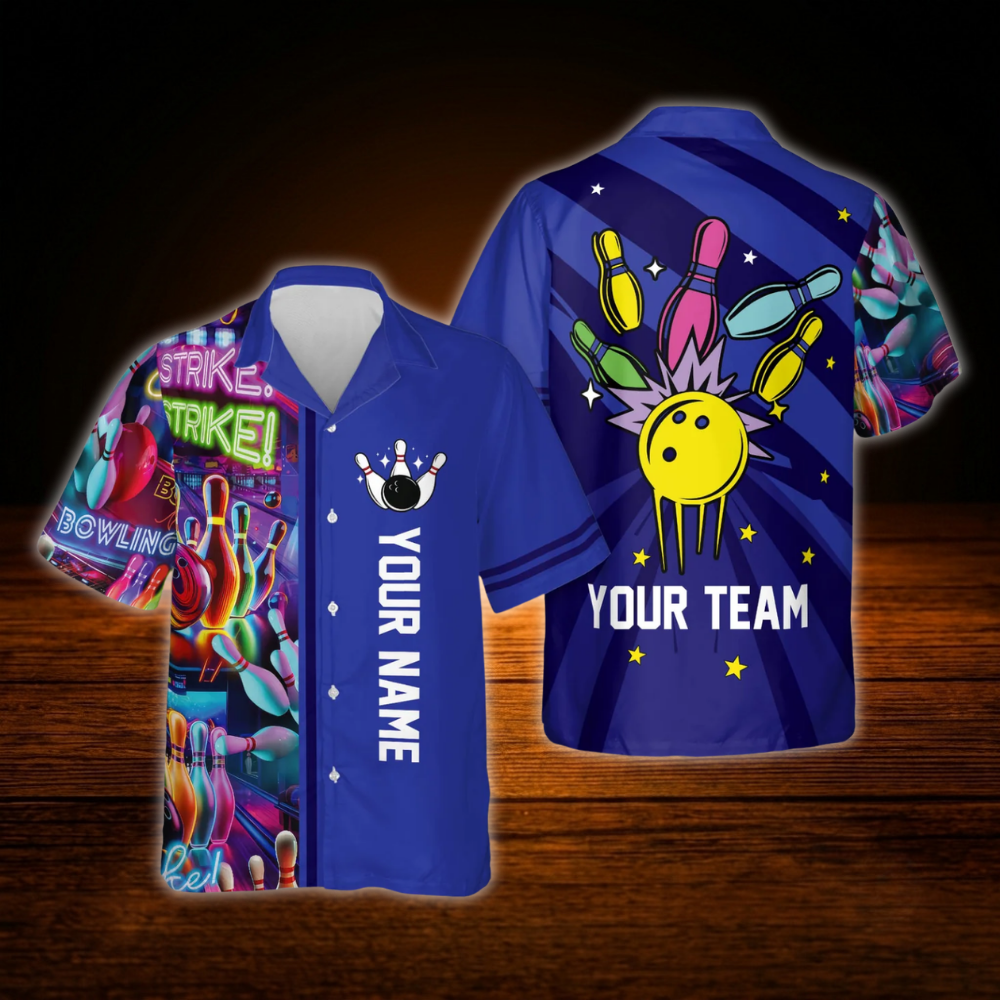 Custom Retro Blue Men's Bowling Hawaiian Shirt, Custom Retro Bowling Team Shirt
