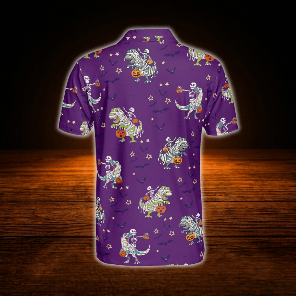 Skull Dinosaur Halloween Men's Purple Golf Polo Shirt, Halloween Golf Shirt