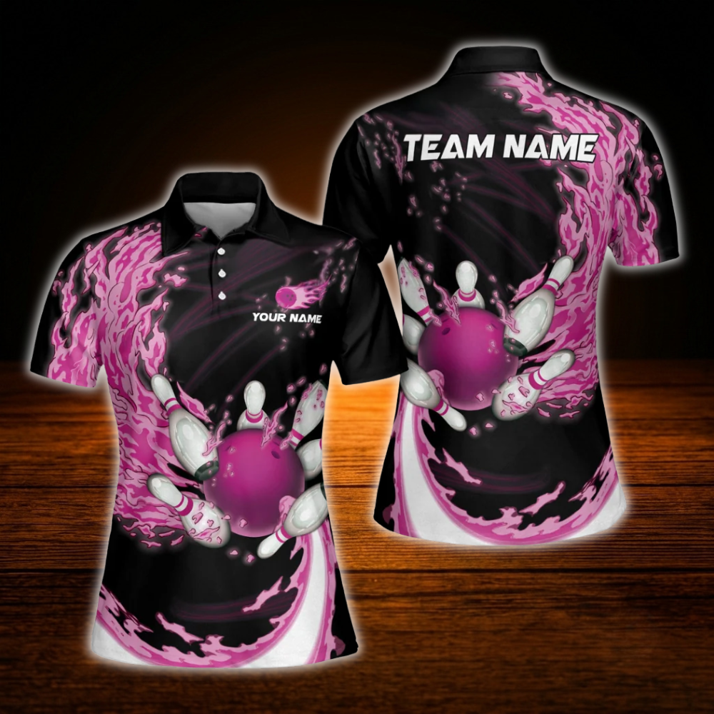 Custom Pink Flame Women Bowling Polo Shirts, Custom Flame Bowling Team Shirts For Women