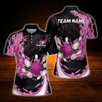 Custom Pink Flame Women Bowling Polo Shirts, Custom Flame Bowling Team Shirts For Women