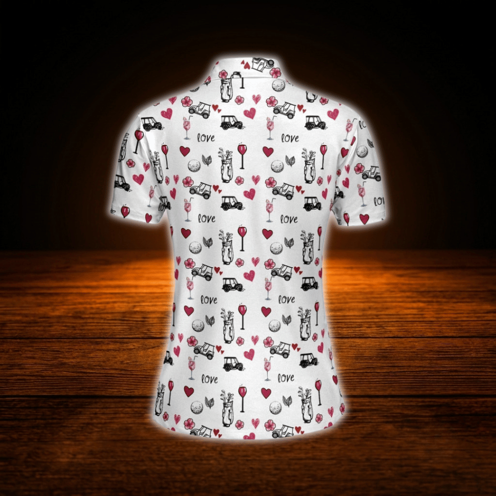 Flamingo Flower Wine Heart Golf Polo Shirts For Woman, Flamingo Golf Shirts For Ladies