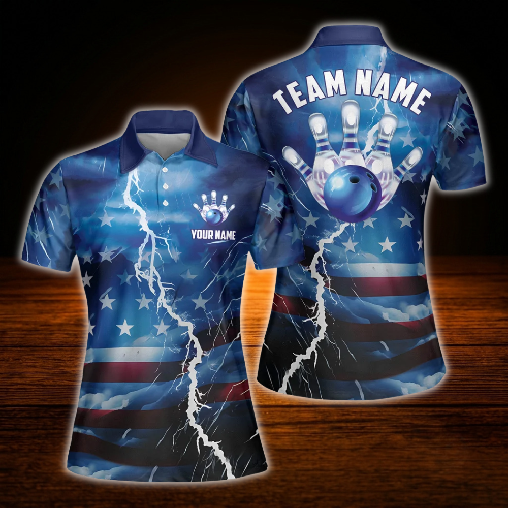 Custom American Flag Thunder Bowling Polo Shirts For Women, Custom Patriotic Bowling Team Shirts For Women
