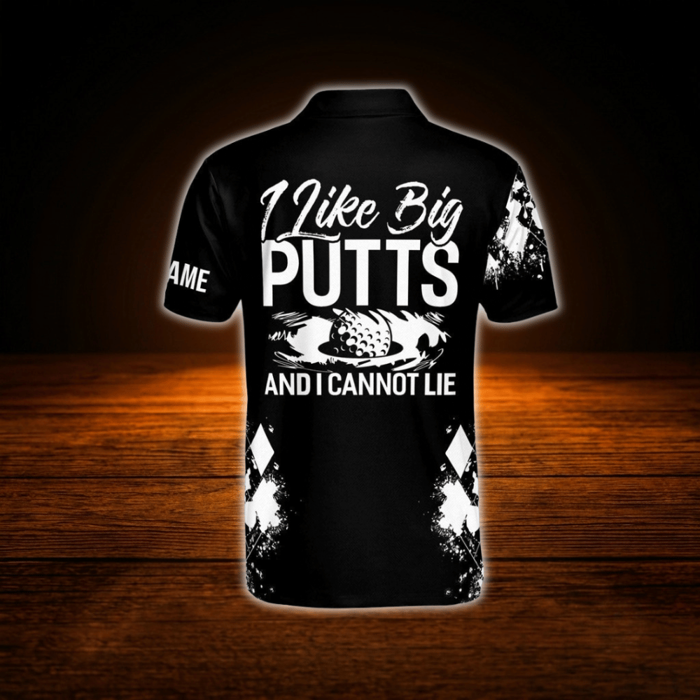Custom I Like Big Putts And I Cannot Lie Black Argyle Polo Golf Shirts For Men, Custom Funny Golf Saying Shirts