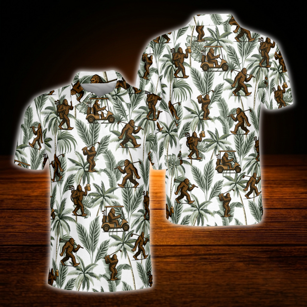 Bigfoot Green Tropical Golf Polo Shirt For Men, Bigfoot Sasquatch Golf Shirt