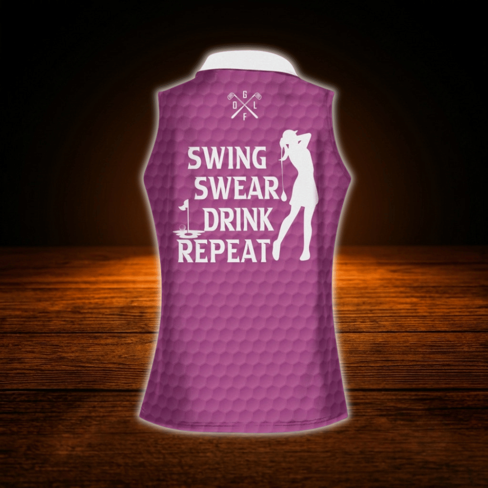 Custom Swing Swear Drink Repeat Pink Sleeveless Golf Shirts For Women, Custom Funny Golf Shirts For Ladies